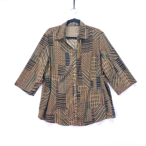 Club Z Collection Brown Geometric Fun Pattern Collar Button Down Blouse Size 1X - Picture 1 of 14